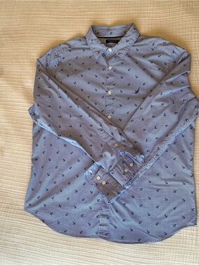Coastal Nautica Men’s L Blue & White Anchor Print Button Down Shirt